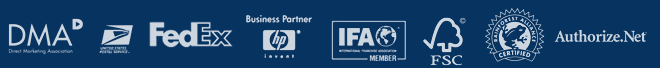 Hacker Safe, DMA, US Postal Service, Fed Ex, HP, IFA Member, Forest Stewardship Council, Rainforest Alliance, Authorize.net