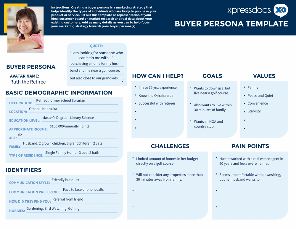 Example of a RE Buyer Persona Template Example of a completed RE Buyer Persona using Template