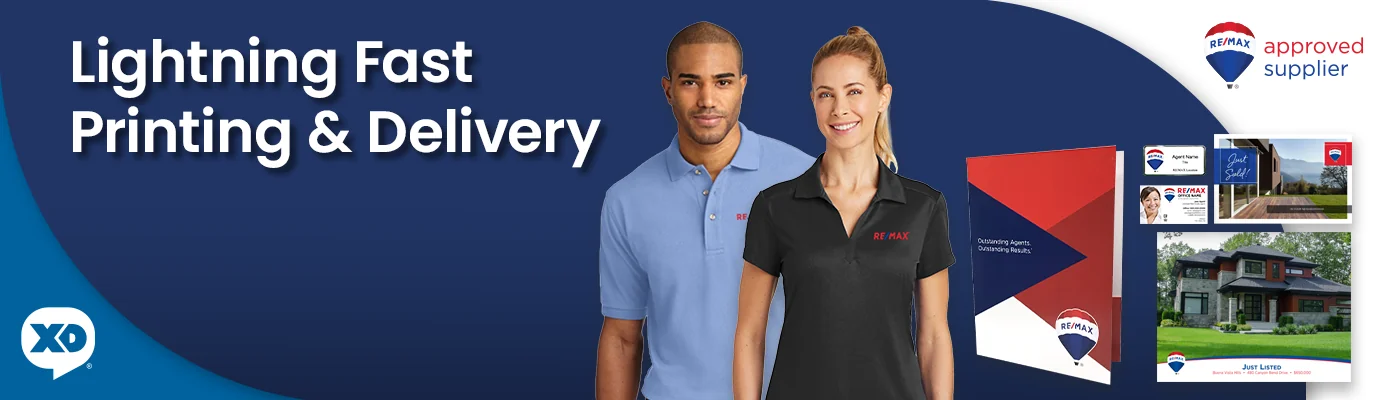 customizable ReMax marketing materials store - order custom postcard mailers, business cards, flyers, brochures, logo apparel and promo items