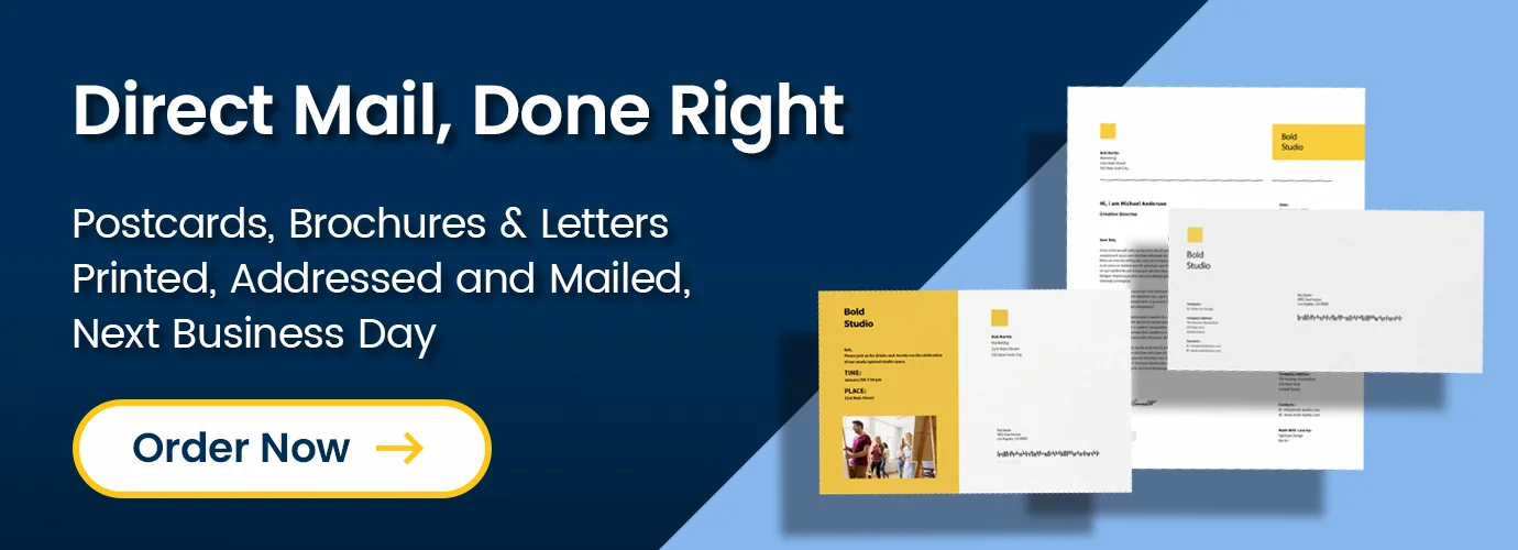 print on demand postcards, brochures and letters printed, addressed and mailed, next business day